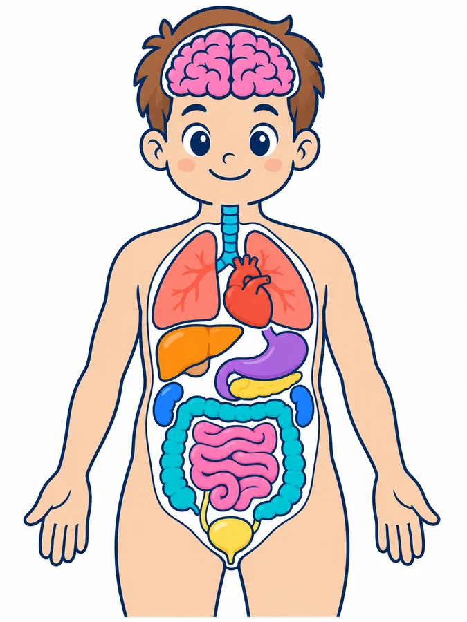 Dibujo de un niño con los órganos internos a la vista: el cerebro en la cabeza; la tráquea, los pulmones y el corazón en el pecho; y el hígado, el estómago, el páncreas, los riñones, el intestino delgado, el intestino grueso y la vejiga en el abdomen.