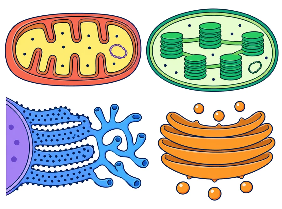 Cuatro orgánulos ampliados y cortados: una mitocondria con su membrana interna plegada en crestas, un cloroplasto con pilas de tilacoides, el retículo endoplasmático rugoso y liso junto al núcleo, y el aparato de Golgi con sus sacos y vesículas.