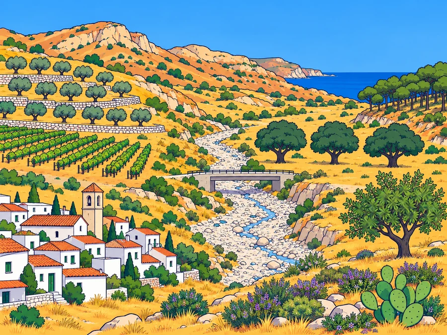 Paisaje del este de España en verano, con el cielo despejado: lomas secas de color ocre con matas verdes y, al fondo a la derecha, el mar. A la izquierda, bancales de piedra con olivos y un viñedo; en el centro, una rambla ancha de piedras con un hilo de agua y un pequeño puente; a la derecha, tres encinas, un pinar y un árbol de hojas verdes. Delante, un pueblo de casas blancas con tejados de teja y un campanario, matas de plantas aromáticas con flores moradas, una chumbera y la hierba seca y dorada por todas partes.