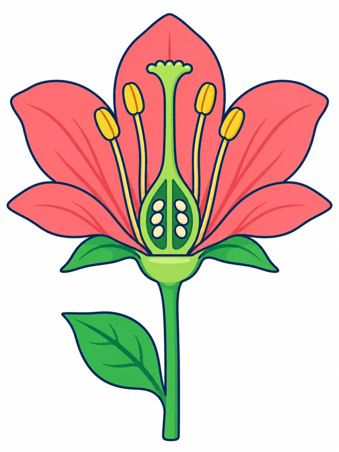 Flor cortada por la mitad: pétalos rojos, sépalos verdes debajo, cuatro estambres amarillos con su filamento y su antera, y en el centro el pistilo verde con el estigma arriba, el estilo y el ovario abierto con seis óvulos; debajo, el receptáculo, el pedúnculo y una hoja.