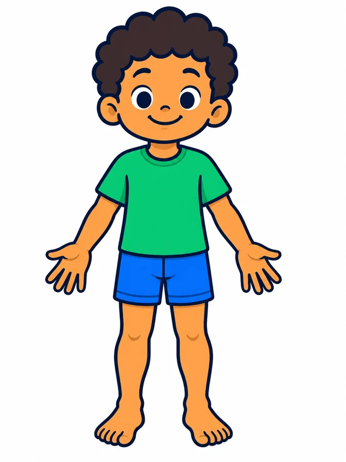 Dibujo de un niño de cuerpo entero, de frente, con camiseta verde y pantalón corto azul, los brazos separados y los pies descalzos. Tiene 10 puntos numerados.