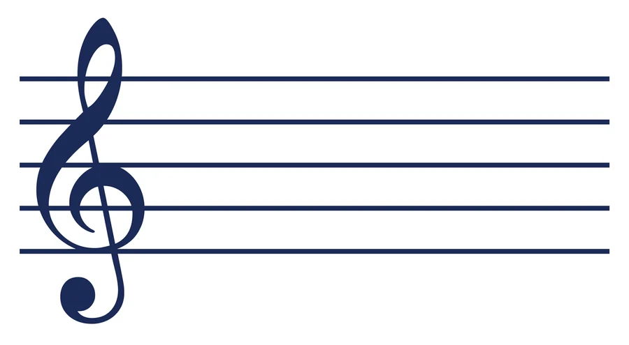 Pentagrama grande con clave de sol y sin notas: cinco líneas y cuatro espacios, con el caracol de la clave enroscado en la segunda línea.