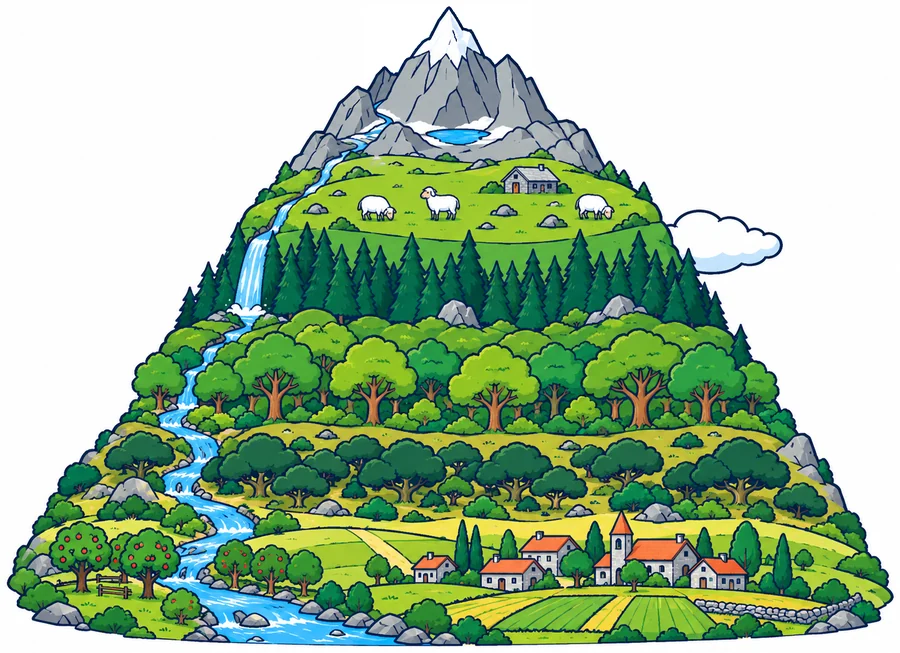 Una montaña vista de lado, con la vegetación en franjas de abajo arriba: en el valle, un pueblo de casas de piedra, campos de cultivo, árboles frutales y un río; encima, un bosque de encinas; después, un bosque de árboles de hoja caduca; más arriba, un bosque oscuro de pinos y abetos; luego, prados con tres ovejas y un refugio de piedra, y en lo alto, roca gris, un lago pequeño y la cumbre nevada. Un torrente baja por la izquierda con una cascada, y una nube blanca se apoya en la ladera derecha.