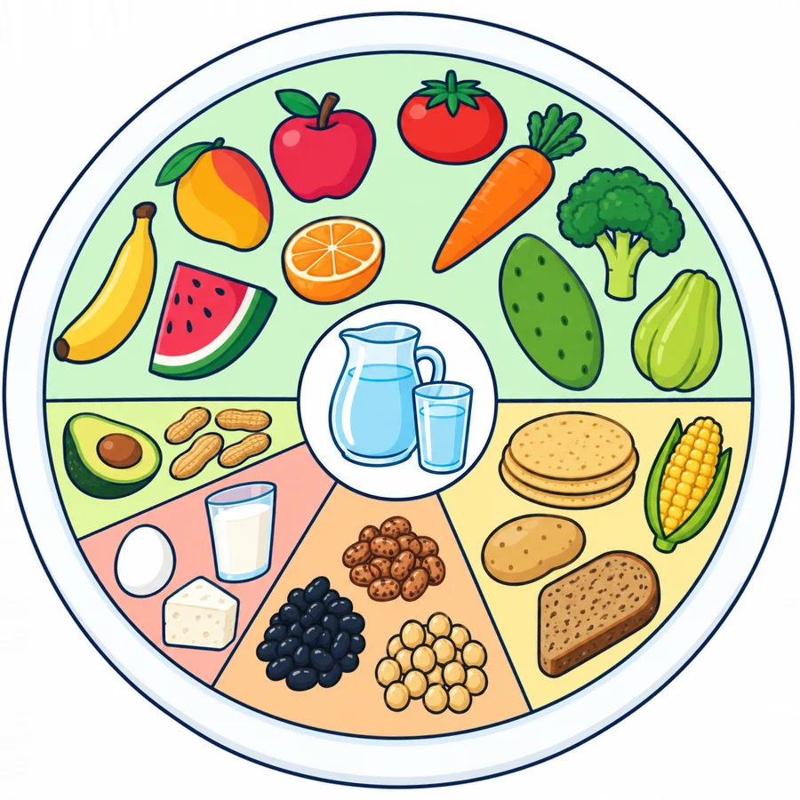 Dibujo del Plato del Bien Comer visto desde arriba: la mitad de arriba con verduras y frutas (plátano, mango, sandía, naranja, manzana, jitomate, zanahoria, brócoli, nopal y chayote); abajo, cereales y tubérculos (tortillas, elote, papa y pan integral), leguminosas (frijoles negros, frijoles bayos y garbanzos), alimentos de origen animal (huevo, leche y queso) y aceites y grasas saludables (aguacate y cacahuates), con una jarra y un vaso de agua en el centro.