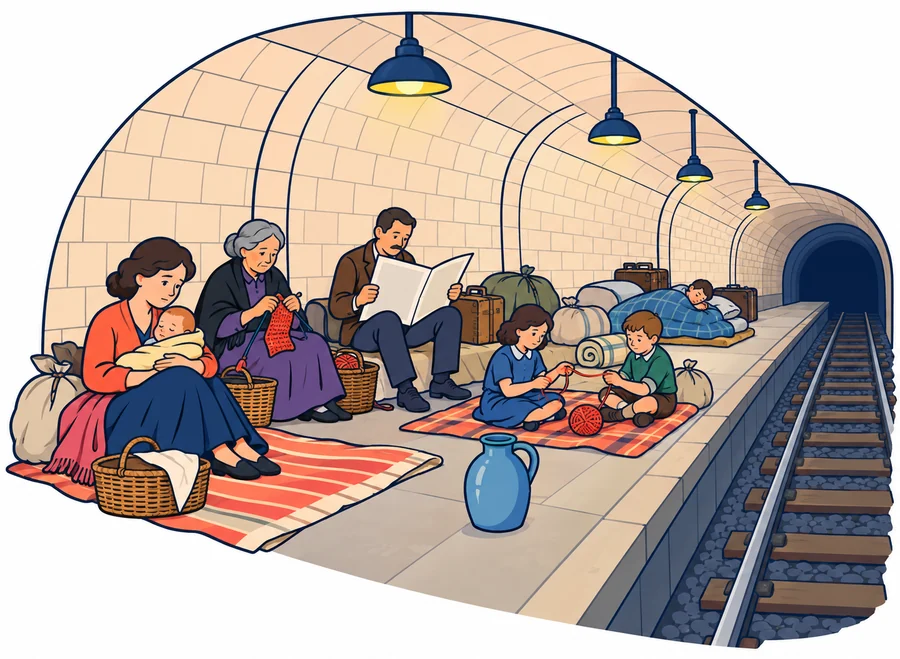 Un andén de metro con bóveda de azulejos claros, lámparas colgadas y la vía vacía, lleno de familias refugiadas: una madre con un bebé dormido, una abuela que hace punto, un padre que lee el periódico, dos niños que juegan con un ovillo y un niño dormido bajo una manta, entre maletas, hatillos, cestas y una jarra de agua.