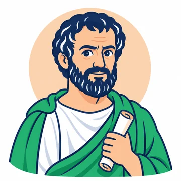 Retrato ilustrado de Aristóteles: un hombre de unos cincuenta años con pelo corto y barba corta, túnica blanca, manto verde y un rollo de papiro en la mano.