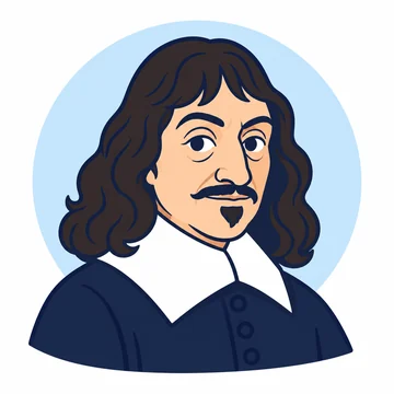 Retrato ilustrado de René Descartes: melena oscura ondulada, bigote fino y perilla, chaqueta negra y cuello blanco ancho.