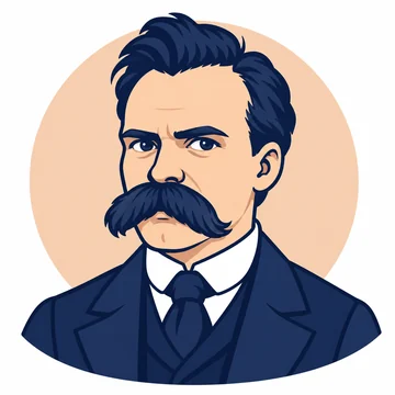 Retrato ilustrado de Friedrich Nietzsche: un hombre de unos cuarenta años con el pelo peinado hacia atrás, un gran bigote, levita oscura y cuello alto blanco.