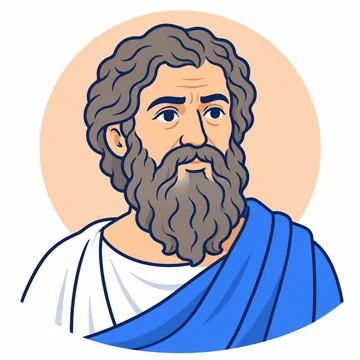 Retrato ilustrado de Platón: un hombre maduro de barba larga y ondulada, con túnica blanca y manto azul.