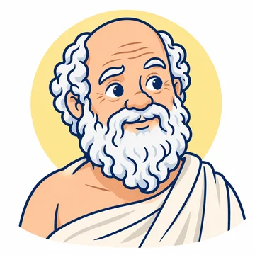 Retrato ilustrado de Sócrates: un anciano calvo de barba blanca y rizada, nariz chata y manto claro sobre un hombro.