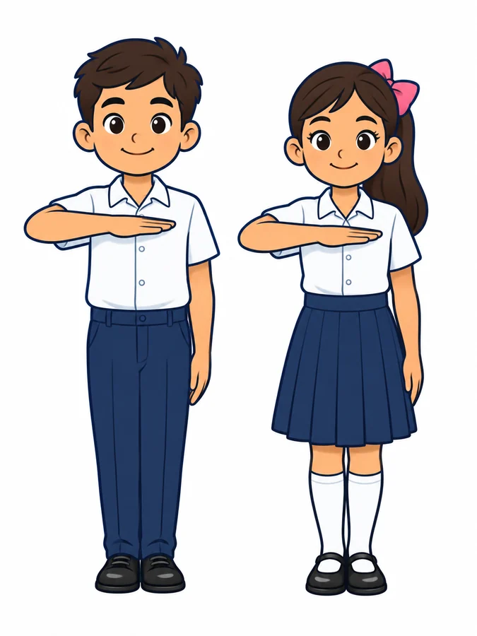 Dibujo de una niña y un niño de primaria con uniforme escolar haciendo el saludo civil a la bandera: de pie, en posición de firme, con la mano derecha extendida sobre el pecho, la palma hacia abajo y a la altura del corazón. El niño no lleva gorra.