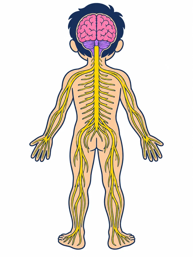 Niño visto de espaldas con el sistema nervioso dibujado: el cerebro y el cerebelo en la cabeza, la médula espinal que baja por la espalda, los nervios que salen de ella a los lados y los nervios que recorren los brazos, las manos, las piernas y los pies.