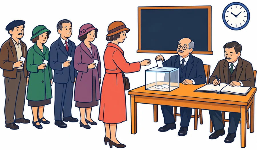 Un aula de escuela convertida en colegio electoral en 1933: cuatro personas hacen cola con su papeleta en la mano (un hombre con boina, una mujer con abrigo verde, un hombre de traje y una mujer con abrigo morado); delante de la mesa, una mujer con abrigo rojo y sombrero acaba de entregar su papeleta al presidente de la mesa, un hombre mayor con gafas redondas que la mete por la ranura de una urna de cristal; a su lado, otro miembro de la mesa anota en un libro abierto. Al fondo, un encerado sin nada escrito y un reloj de pared.