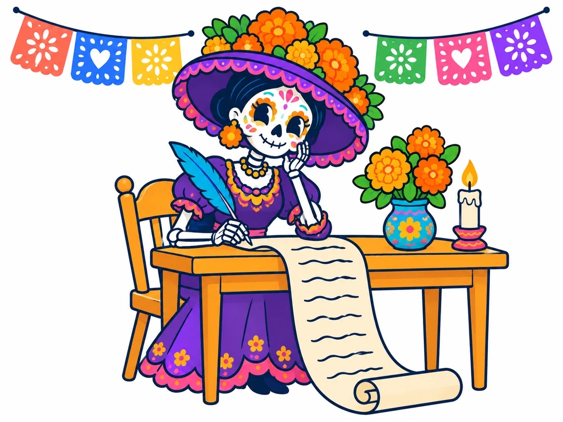 Ilustración de una Catrina sonriente con sombrero de cempasúchil que escribe un poema con pluma en un pergamino largo, bajo una guirnalda de papel picado