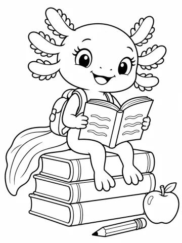 Axi, la ajolota de Aulapedia, con mochila, sentada sobre una pila de tres libros, lee un libro abierto; a sus pies hay un lápiz y una manzana