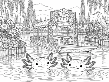 Canal de Xochimilco con una trajinera de techo curvo y arco de flores, dos ajolotes que asoman del agua, chinampas con flores y hortalizas, árboles altos y una garza