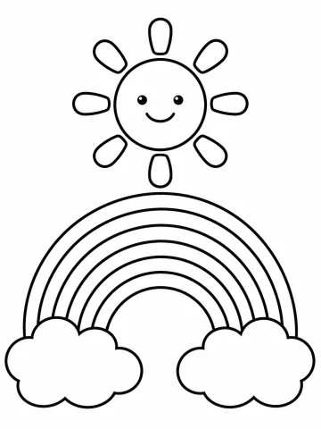 Arcoíris grande de seis franjas anchas que une dos nubes, con un sol sonriente de ocho rayos encima