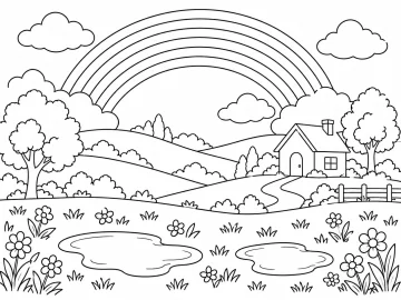 Arcoíris de seis franjas sobre un prado con dos charcos, flores, una casa con chimenea, un camino, una valla, árboles, colinas y nubes