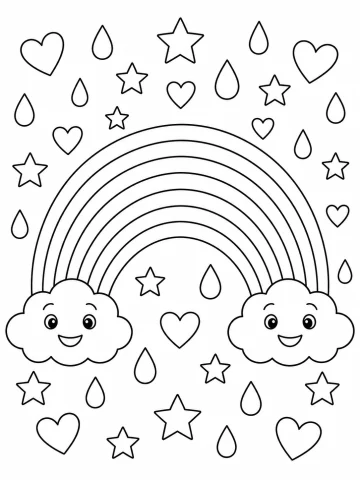 Arcoíris de siete franjas que une dos nubes con carita sonriente, rodeado de gotas de lluvia, estrellas de cinco puntas y corazones