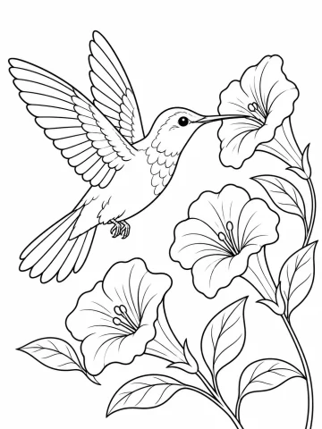 Colibrí en vuelo, con las alas levantadas y el pico largo metido en una flor en forma de trompeta, junto a otras dos flores y un tallo con hojas