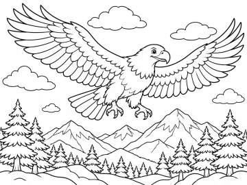 Águila que vuela con las alas extendidas y las garras abiertas sobre una cordillera de picos nevados y un valle de pinos, entre cinco nubes