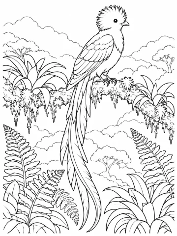 Quetzal con cresta y plumas de la cola larguísimas posado en una rama cubierta de musgo, con bromelias, helechos y copas de árboles entre la niebla