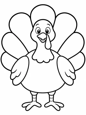 Pavo sonriente visto de frente, con el cuerpo redondo, dos alas, las patas a rayas y siete plumas grandes y redondeadas abiertas en abanico detrás