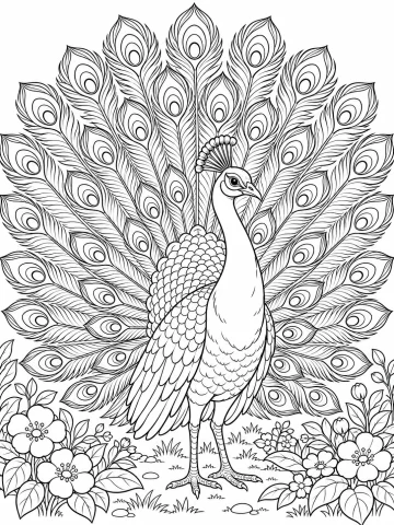 Pavo real de pie en un jardín, con la cola desplegada en un abanico que llena la hoja, cada pluma acabada en un ojo, y flores en las dos esquinas
