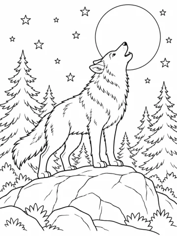 Lobo de pie sobre una roca que aúlla con el hocico hacia arriba, delante de una luna llena enorme, entre abetos y bajo un cielo de estrellas
