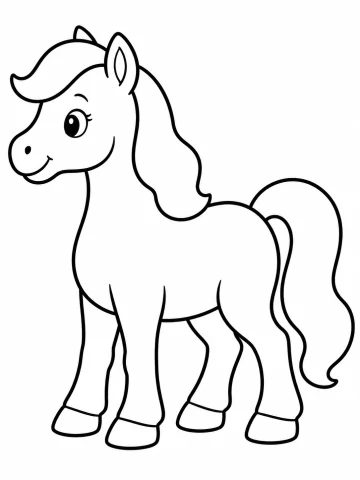Poni sonriente de pie y de perfil, con flequillo, una crin espesa que le cae por el cuello y una cola larga y ondulada