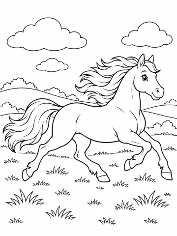Caballo que galopa por un prado con las cuatro patas en el aire y la crin y la cola al viento, delante de unas colinas con arbustos y bajo tres nubes