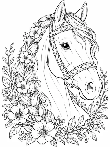 Retrato de la cabeza y el cuello de un caballo, con la crin recogida en una trenza con flores, una cabezada adornada con círculos y un marco de flores y hojas