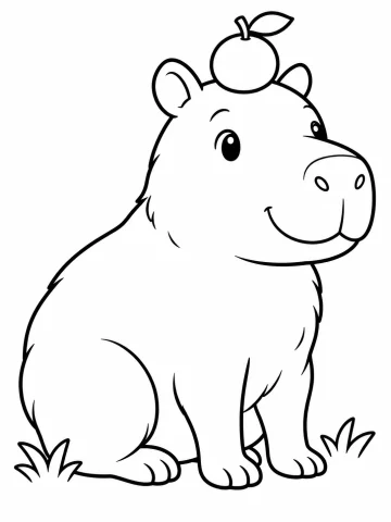 Capibara sentada y sonriente que sostiene en equilibrio una naranja con su hoja sobre la cabeza, entre dos matas de hierba