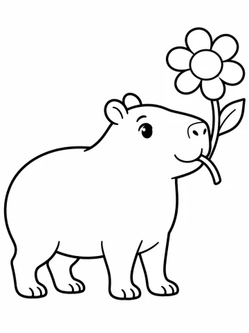 Cría de capibara de pie y de perfil que lleva en la boca una flor grande de seis pétalos con una hoja en el tallo