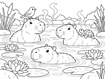 Tres capibaras metidas en una laguna con nenúfares: una lleva un pájaro posado en la cabeza y otra, una tortuga subida al lomo