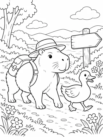 Capibara con sombrero de paja y mochila que camina por un sendero junto a un pato, delante de un poste con una señal de madera en blanco