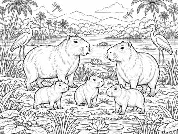 Dos capibaras adultas y tres crías en la orilla de un humedal con nenúfares, dos garzas, dos libélulas, palmeras y montañas al fondo