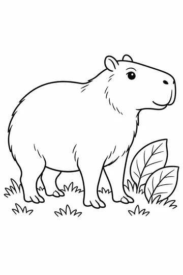 Capibara de pie, vista de perfil, con cuatro patas, dos hojas grandes a su derecha y matas de hierba alrededor