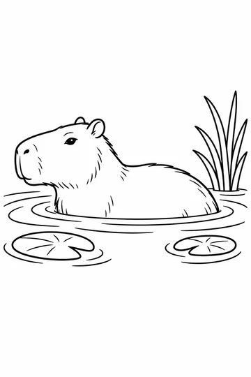 Capibara parcialmente sumergida, mirando a la izquierda, rodeada de ondas, con dos hojas flotantes y hojas alargadas a la derecha