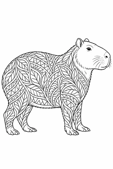 Capibara de perfil con cuatro patas y patrones de hojas, triángulos, círculos y arcos dentro de su cuerpo