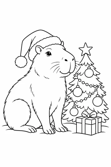 Capibara sentada con gorro navideño junto a un árbol con estrella, bolas y guirnalda, y un regalo con lazo