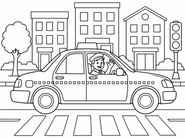 Taxi visto de lado, con el cartel del techo en blanco y una franja de cuadritos, cuyo conductor saluda por la ventanilla, ante tres edificios, un árbol, un semáforo y un paso de peatones