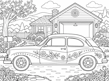 Carro antiguo de formas redondeadas, con flores pintadas en el costado y tapacubos de pétalos, parado ante una casa con la cochera abierta, jardín con flores, valla, árbol y buzón
