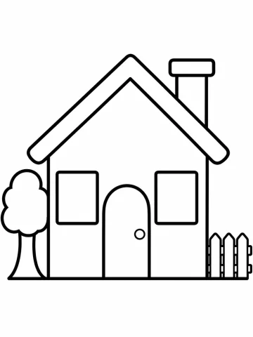 Casa sencilla con tejado a dos aguas, chimenea, una puerta en arco con pomo y dos ventanas cuadradas, con un árbol a la izquierda y una valla de tres tablas a la derecha