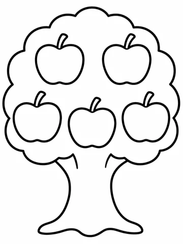 Árbol grande de copa redonda y ondulada, con el tronco grueso, y cinco manzanas con rabillo: dos arriba y tres abajo