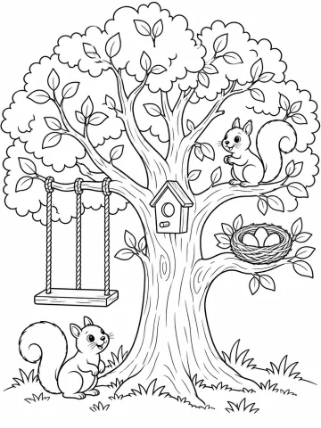 Árbol grande con un columpio de tabla colgado de una rama, una casita para pájaros en el tronco, un nido con tres huevos y dos ardillas: una en una rama y otra en el suelo