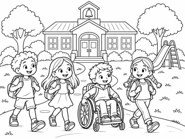 Cuatro niños y niñas con mochila llegan sonrientes a una escuela con campana en el tejado, uno de ellos en silla de ruedas; detrás hay árboles, arbustos y un tobogán