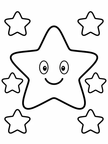Estrella grande de cinco puntas redondeadas, con ojos y sonrisa, rodeada de seis estrellas pequeñas: dos arriba, dos a los lados y dos abajo