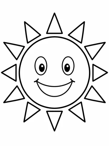 Sol redondo con ojos grandes y una sonrisa abierta, rodeado de doce rayos en forma de triángulo