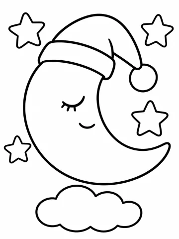 Media luna con el ojo cerrado y un gorro de dormir con pompón, rodeada de cuatro estrellas y con una nube debajo